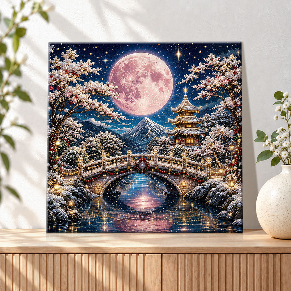 Finished pink full moon over snowy pagoda pearl diamond painting artwork displayed as holiday home decor