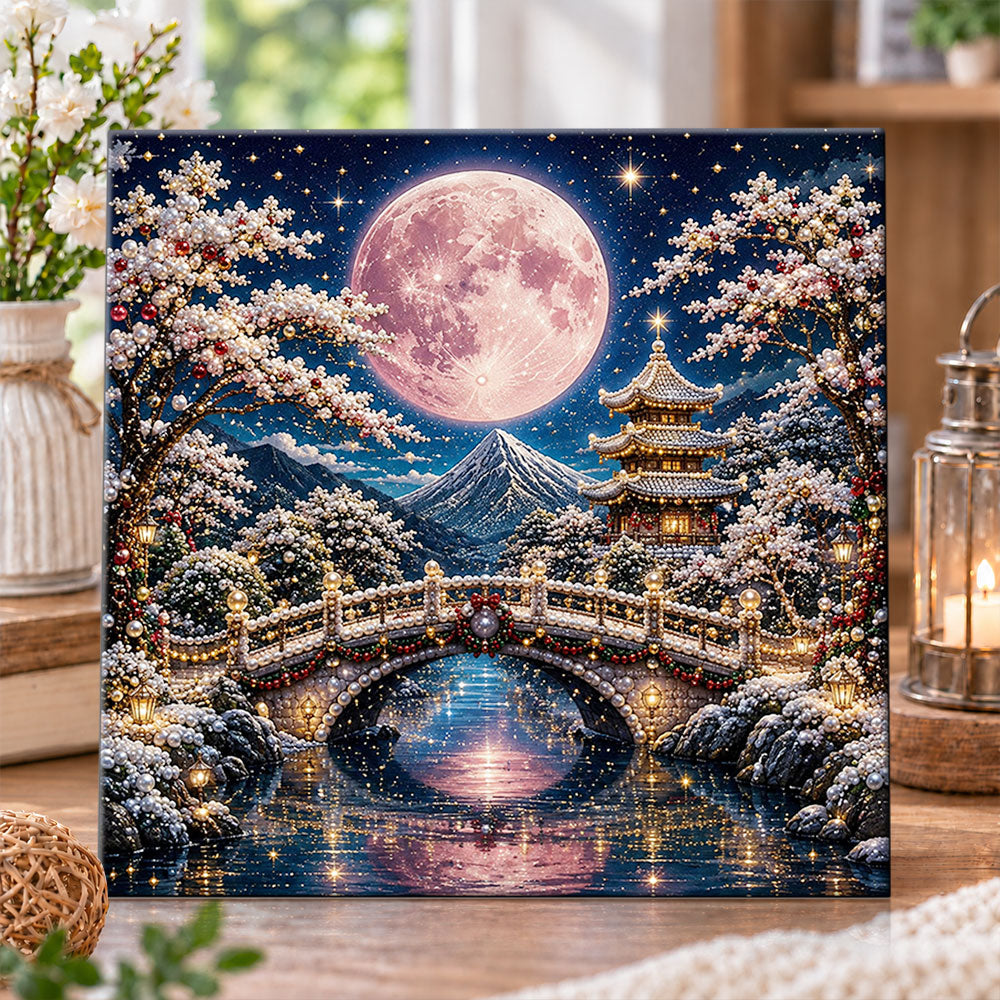 Pink full moon over snowy pagoda pearl diamond painting kit for beginners