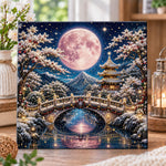 Pink full moon over snowy pagoda pearl diamond painting kit for beginners