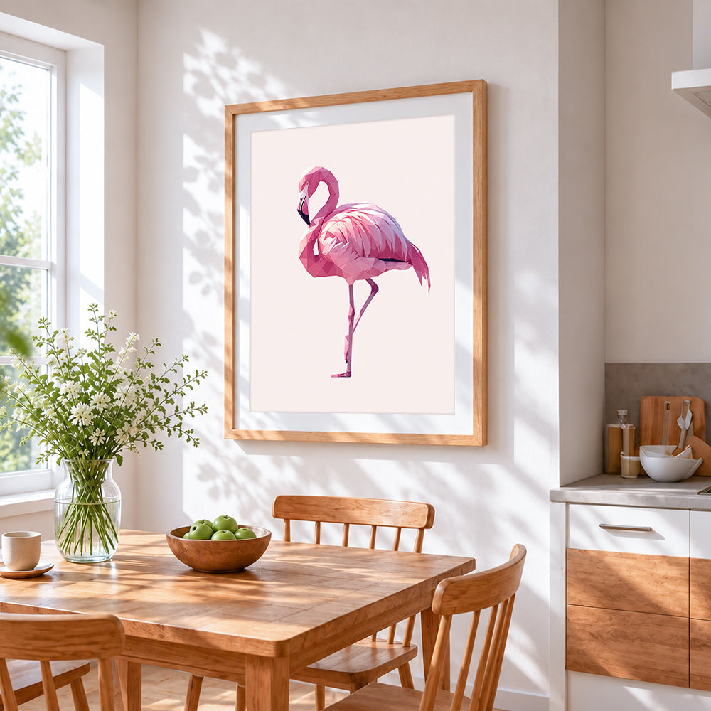 Pink geometric flamingo cross stitch artwork displayed on wall as home decor