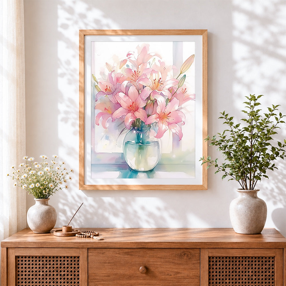 Finished pink lilies in a glass vase cross stitch artwork displayed