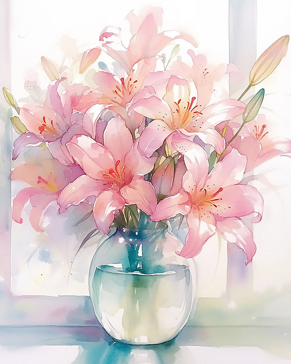 Pink lilies in a glass vase cross stitch kit for beginners