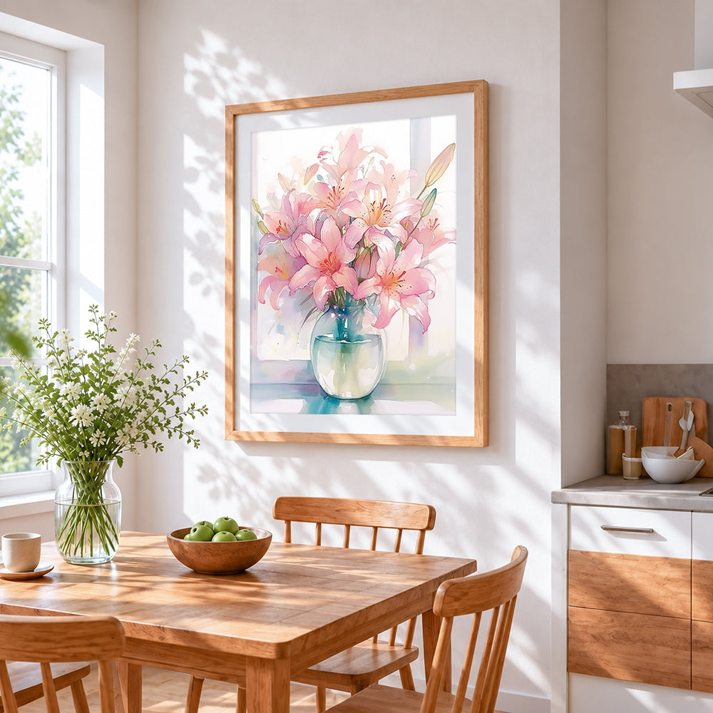 Pink lilies in a glass vase cross stitch artwork displayed on wall as home decor