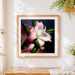 Finished pink lily flower close-up cross stitch artwork displayed