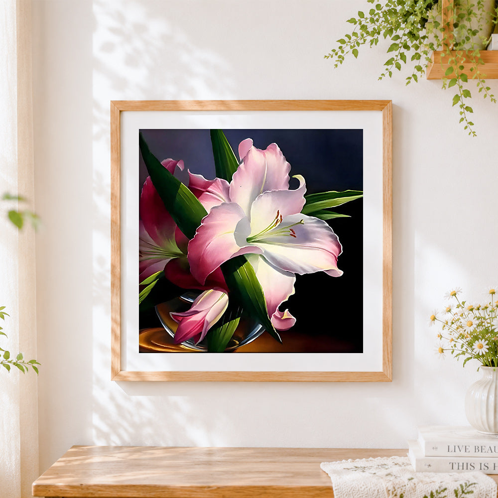 Finished pink lily flower close-up cross stitch artwork displayed