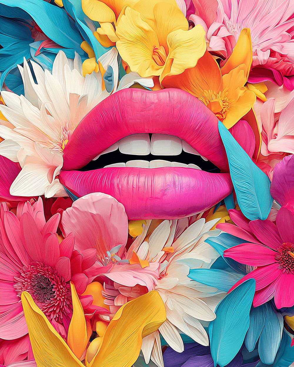 Pink lips surrounded by flowers cross stitch kit for beginners