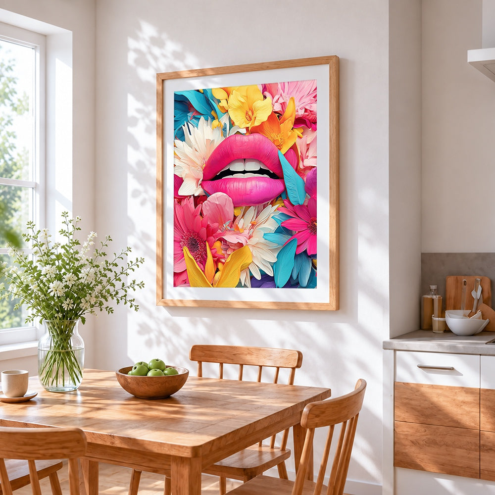 Pink lips surrounded by flowers cross stitch artwork displayed on wall as home decor