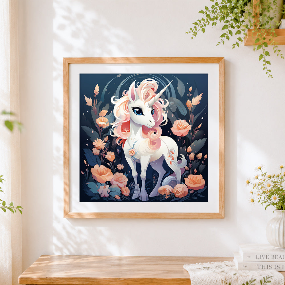 Finished pink maned unicorn in a rose garden cross stitch artwork displayed