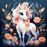 Pink maned unicorn in a rose garden cross stitch kit for beginners
