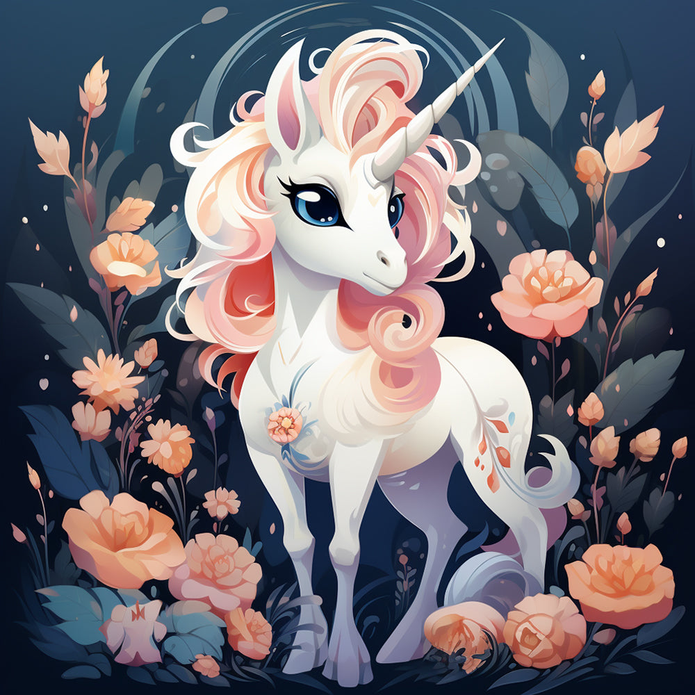Pink maned unicorn in a rose garden cross stitch kit for beginners