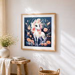 Pink maned unicorn in a rose garden cross stitch artwork displayed on wall as home decor
