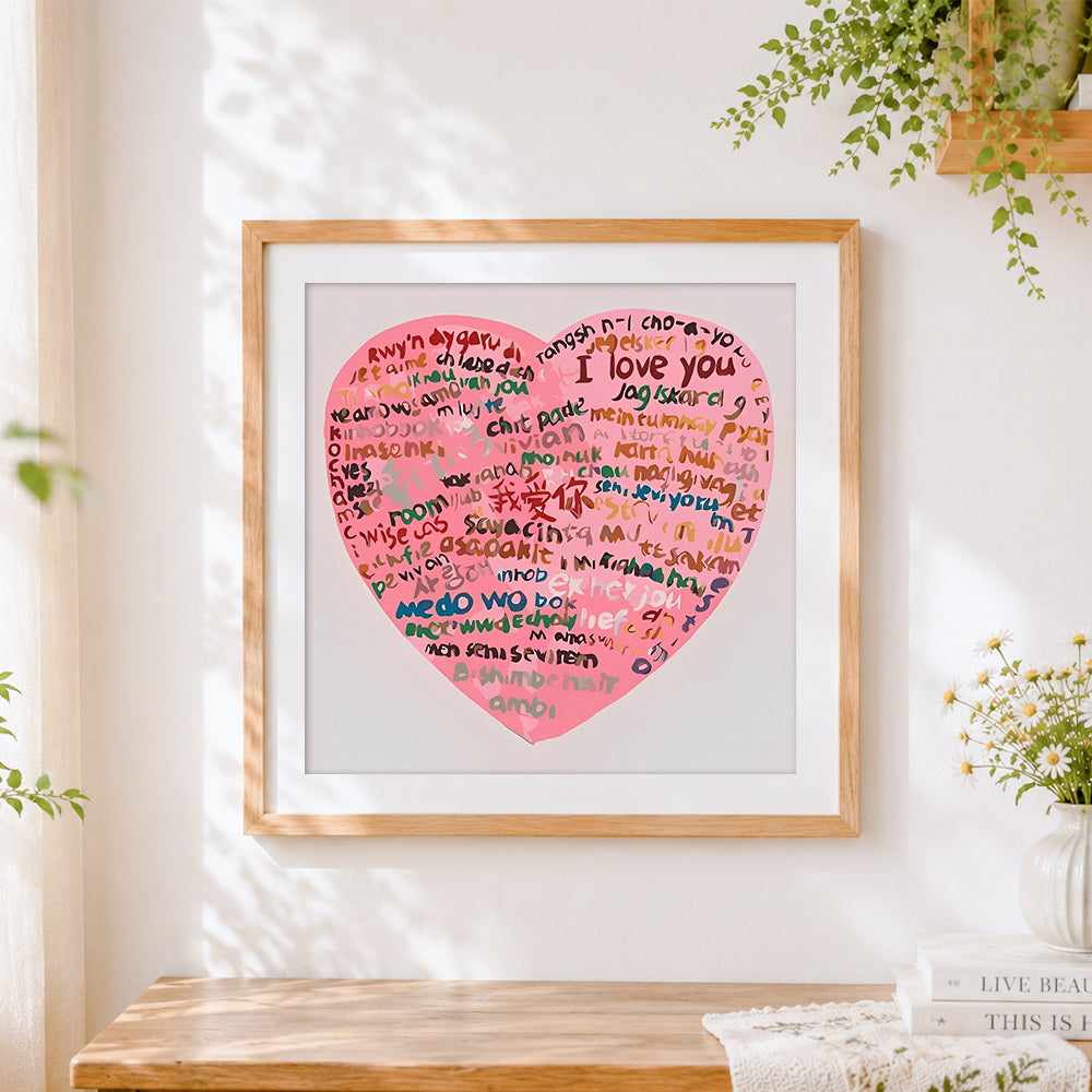 Finished pink multi language i love you heart cross stitch artwork displayed