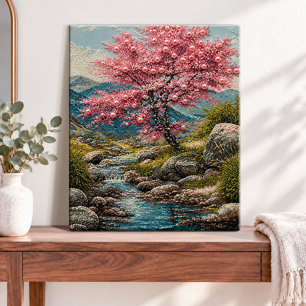 Finished pink pearl cherry blossom valley pearl diamond painting artwork displayed as home decor