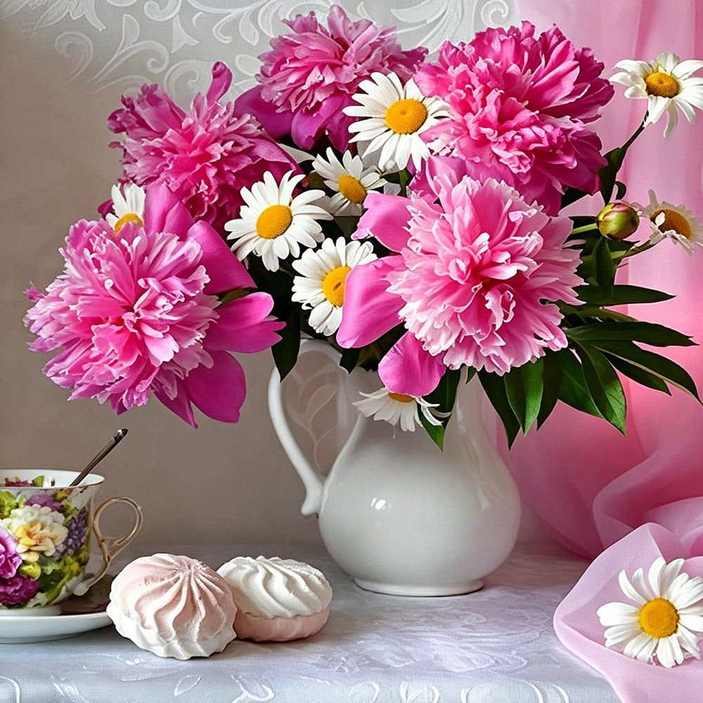 Pink peonies and white daisies cross stitch kit for beginners