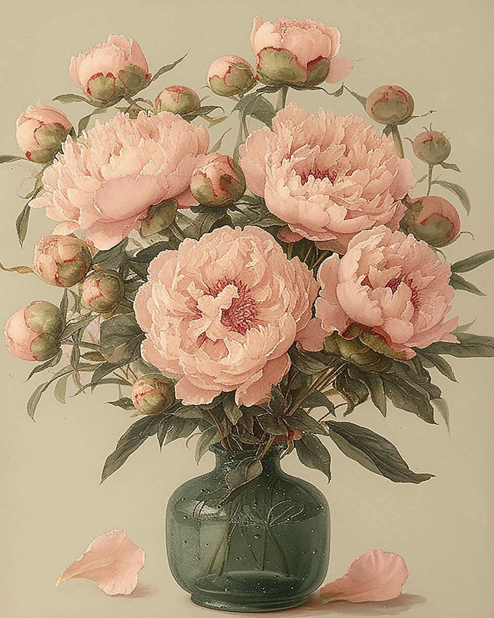 Pink peonies in a green vase cross stitch kit for beginners
