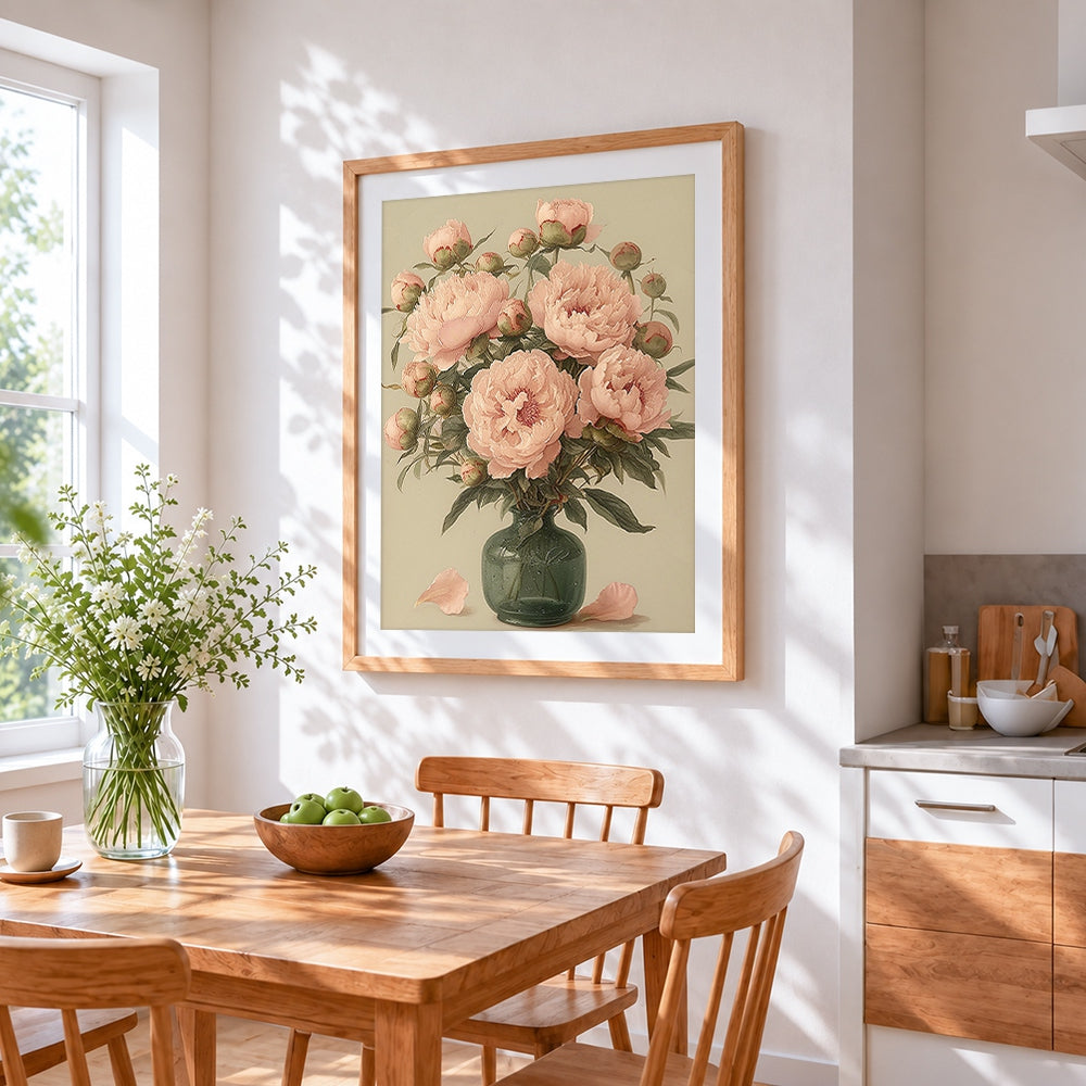Pink peonies in a green vase cross stitch artwork displayed on wall as home decor