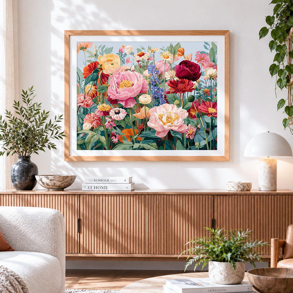 Finished pink peonies in a wildflower meadow paint by numbers artwork displayed as home decor