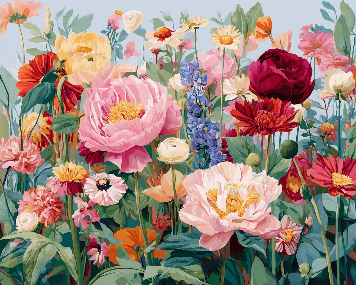 Pink peonies in a wildflower meadow paint by numbers kit for beginners