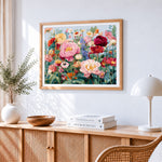 Pink peonies in a wildflower meadow paint by numbers artwork displayed on wall as home decor