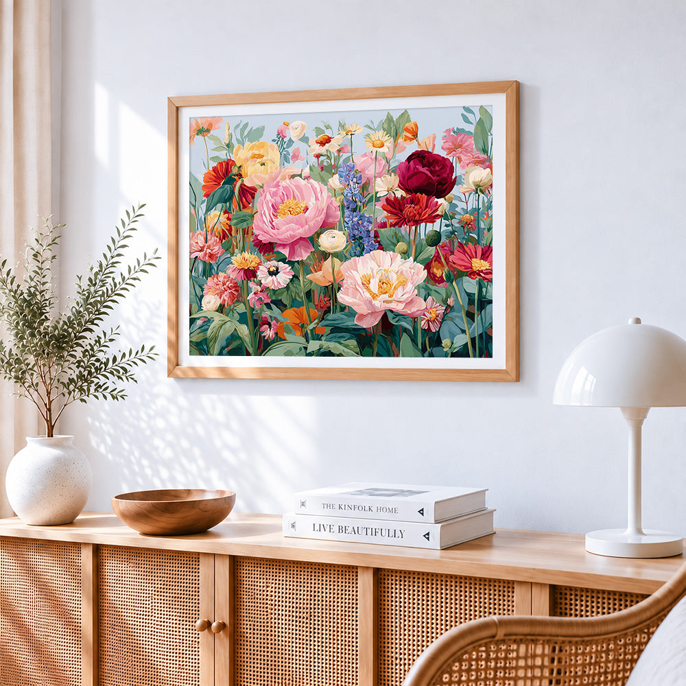 Pink peonies in a wildflower meadow paint by numbers artwork displayed on wall as home decor