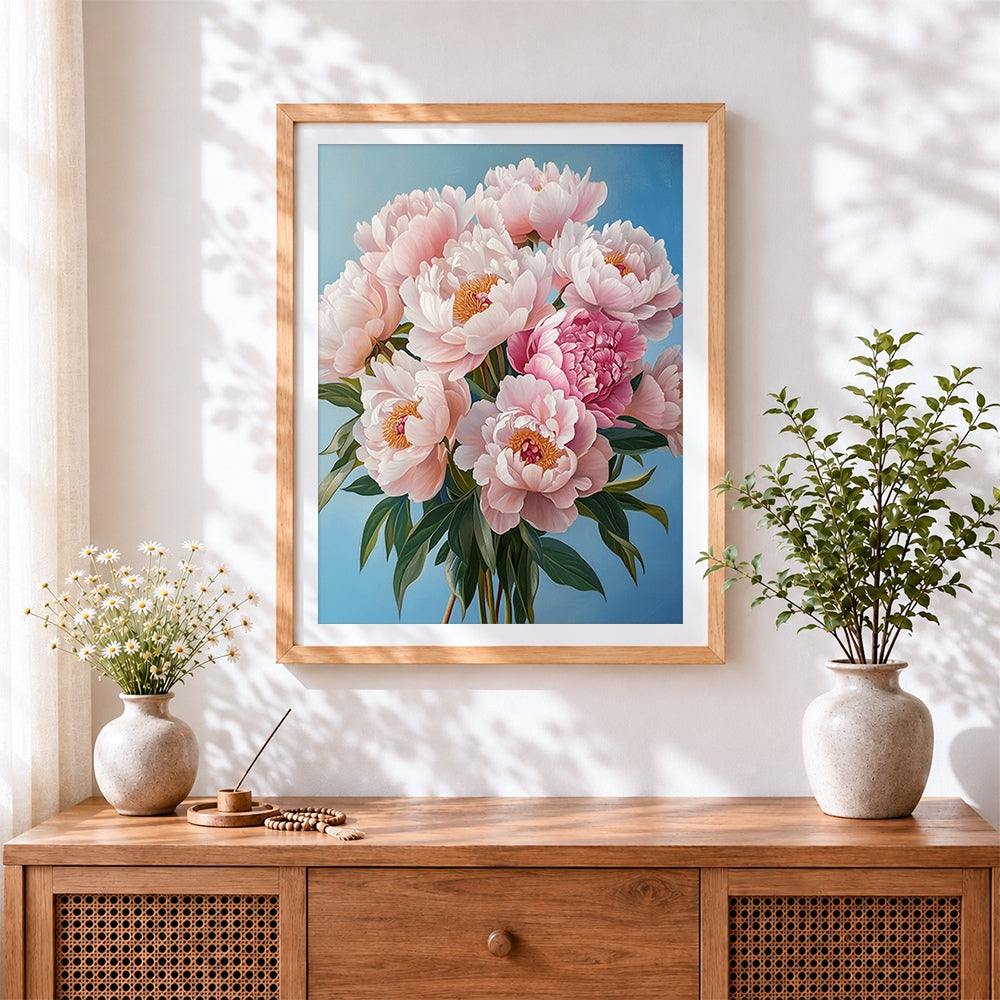 Finished pink peonies on a blue background cross stitch artwork displayed