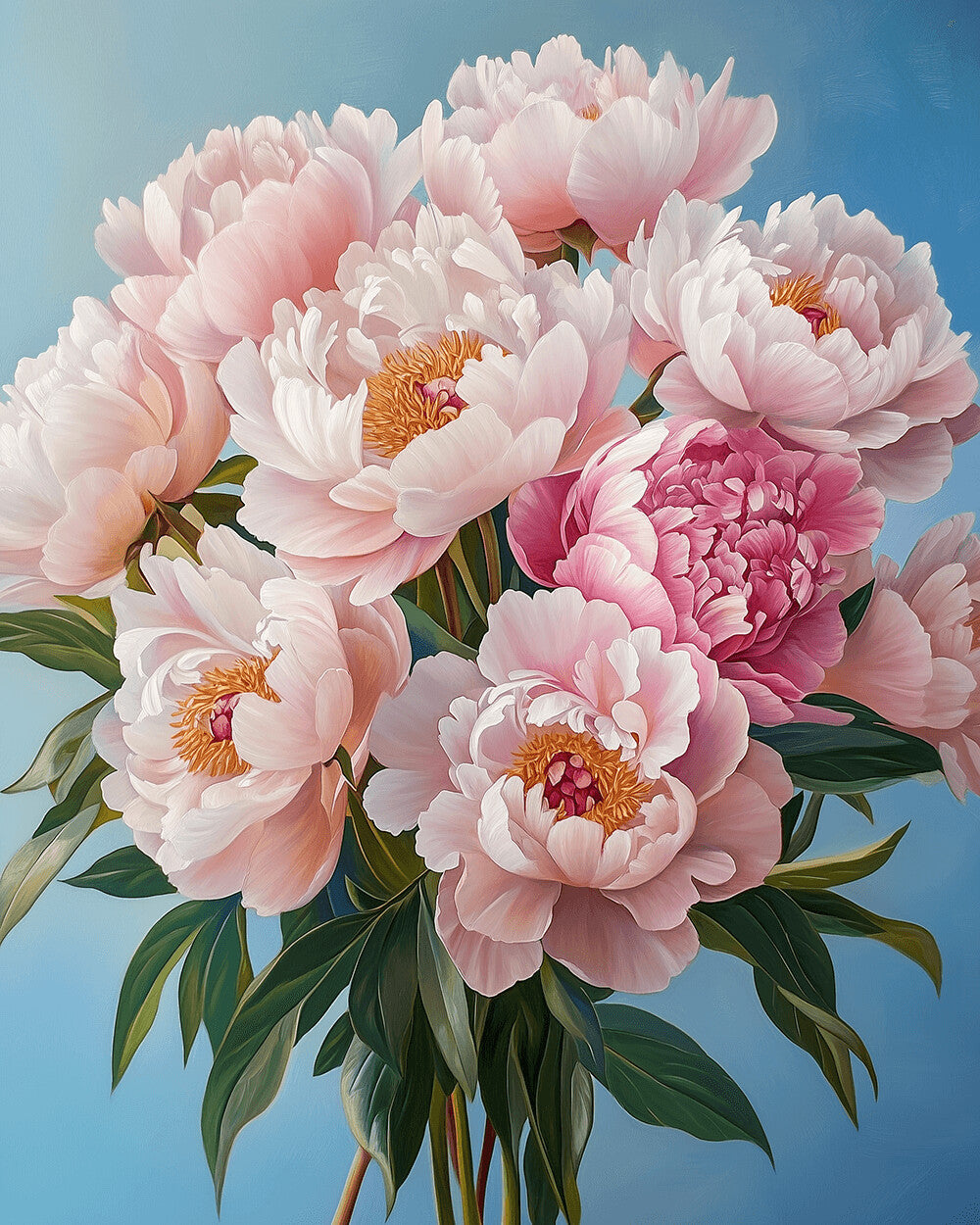 Pink peonies on a blue background cross stitch kit for beginners