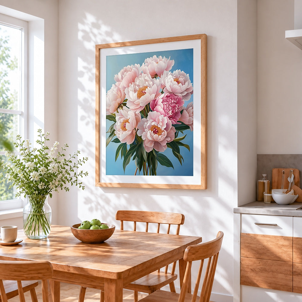Pink peonies on a blue background cross stitch artwork displayed on wall as home decor
