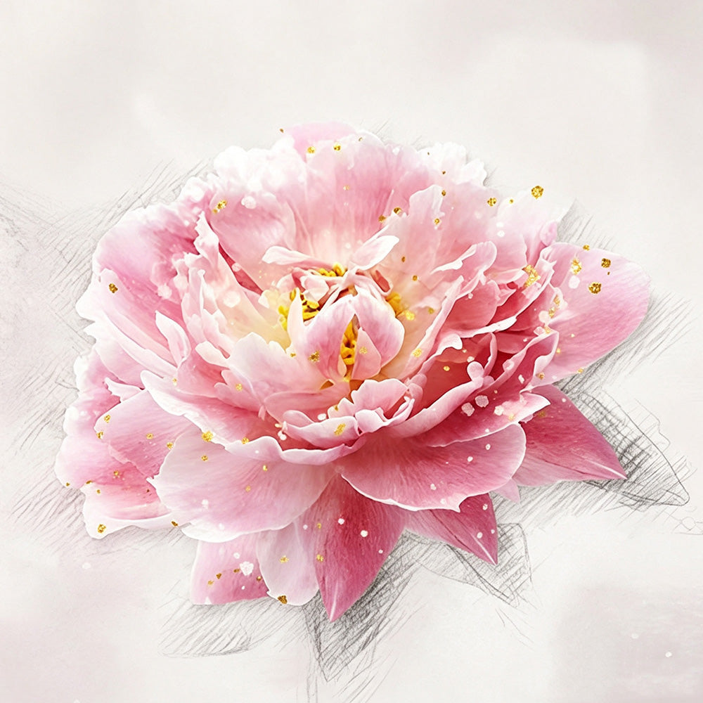 Pink peony with gold leaf splatter cross stitch kit for beginners
