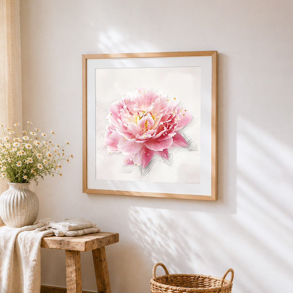 Pink peony with gold leaf splatter cross stitch artwork displayed on wall as home decor
