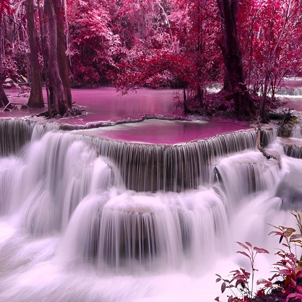 Pink purple forest waterfall cross stitch kit for beginners