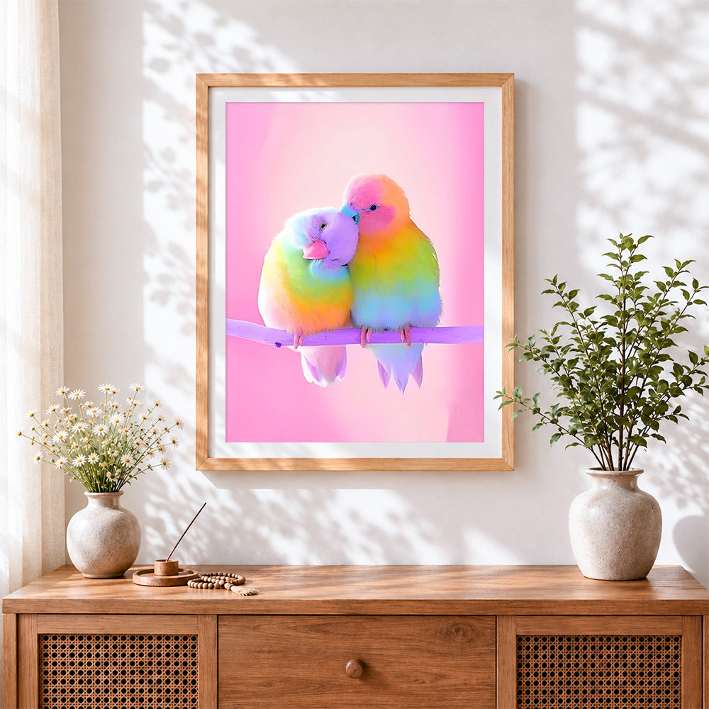 Finished pink rainbow budgies cross stitch artwork displayed