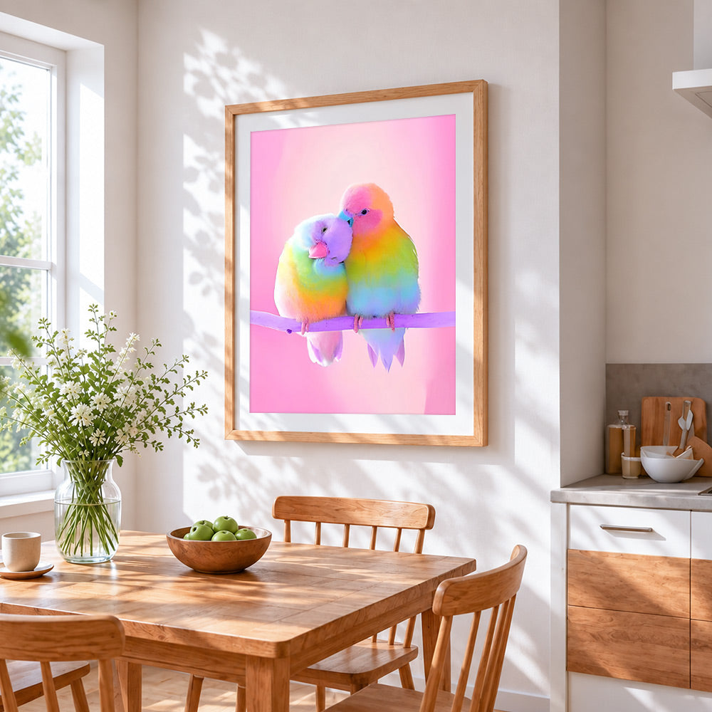 Pink rainbow budgies cross stitch artwork displayed on wall as home decor