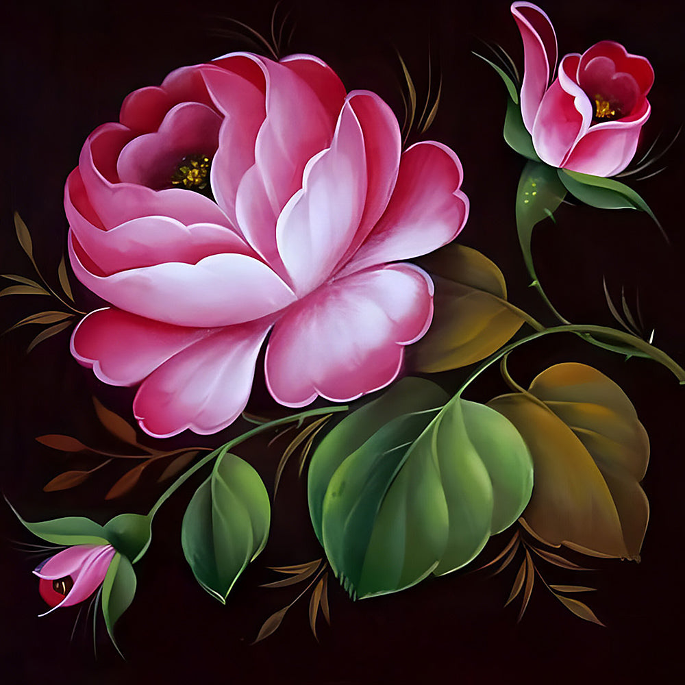 Pink rose and buds on dark background cross stitch kit for beginners