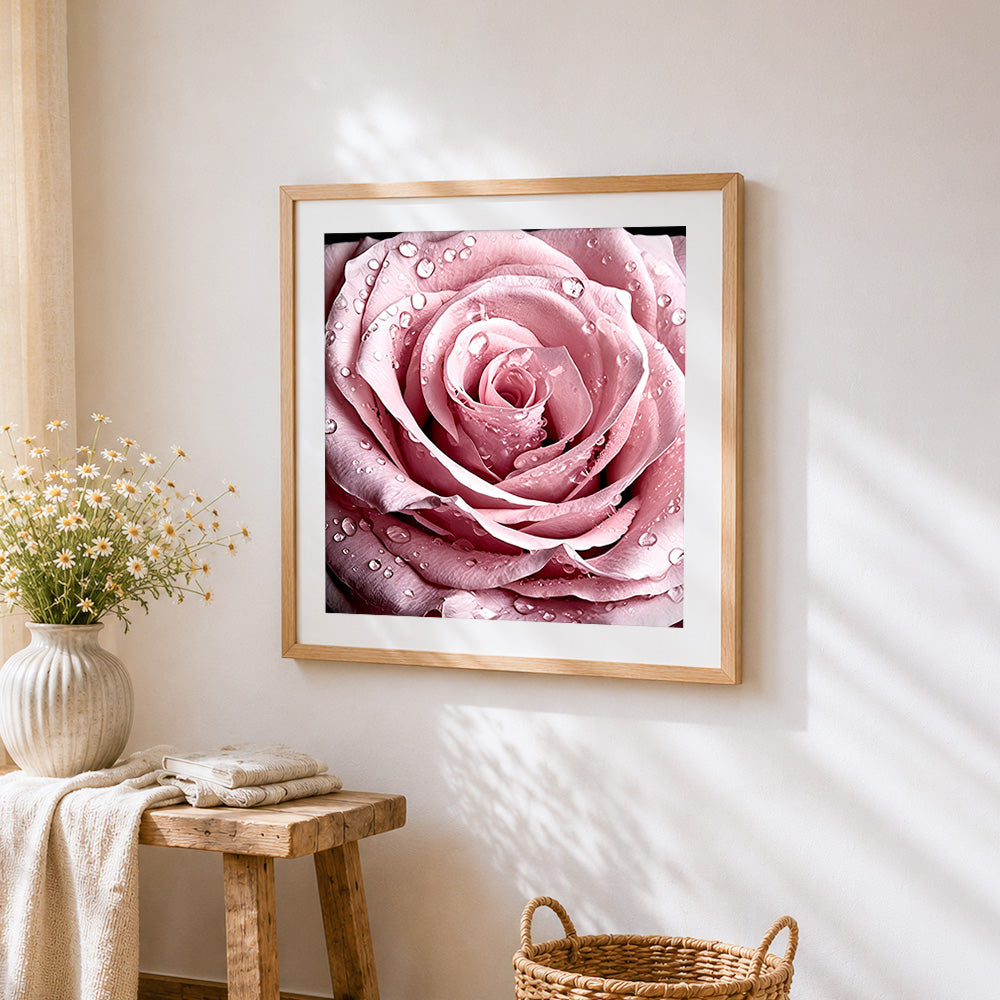 Pink rose close up with dew drops cross stitch artwork displayed on wall as home decor