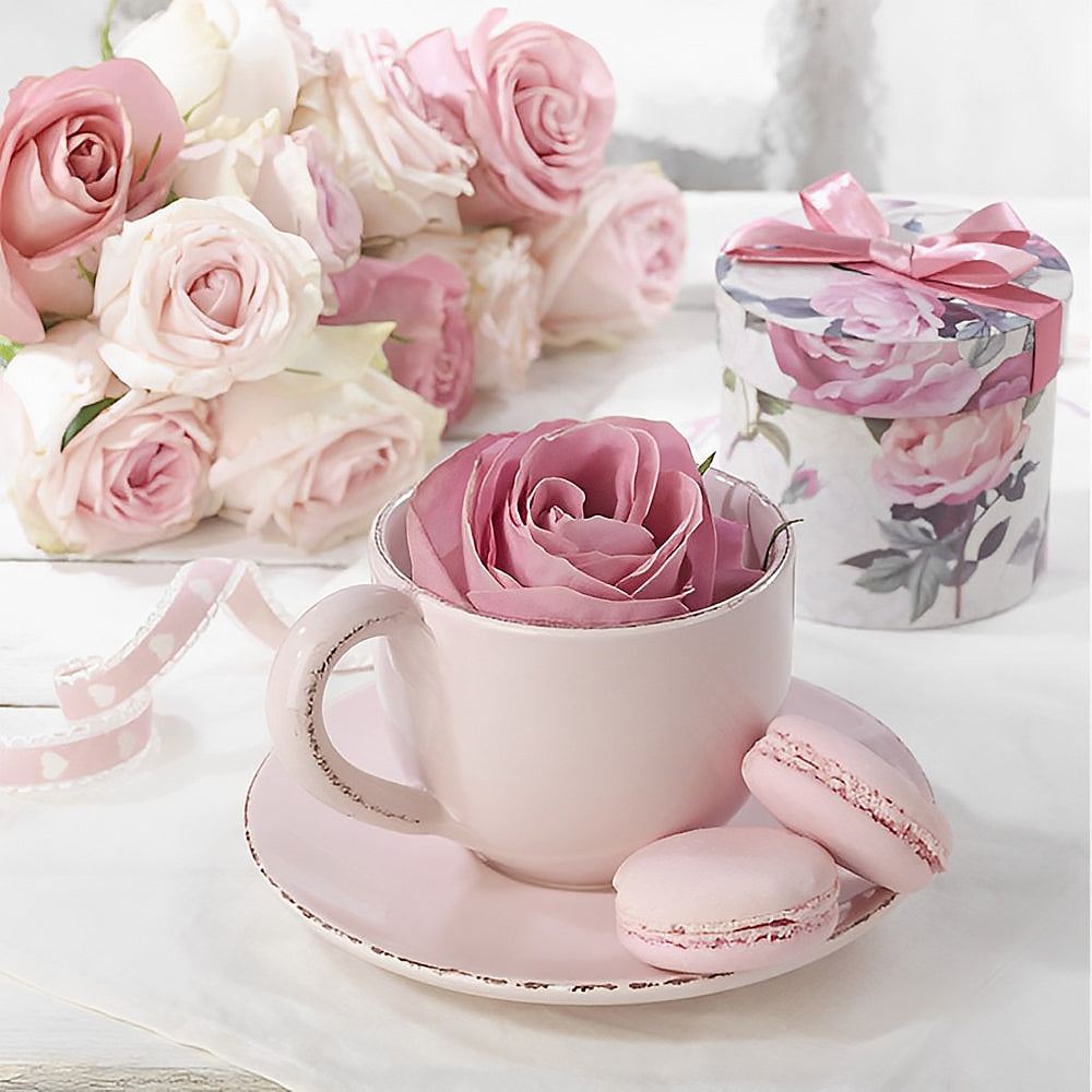Pink rose in a teacup with macarons cross stitch kit for beginners