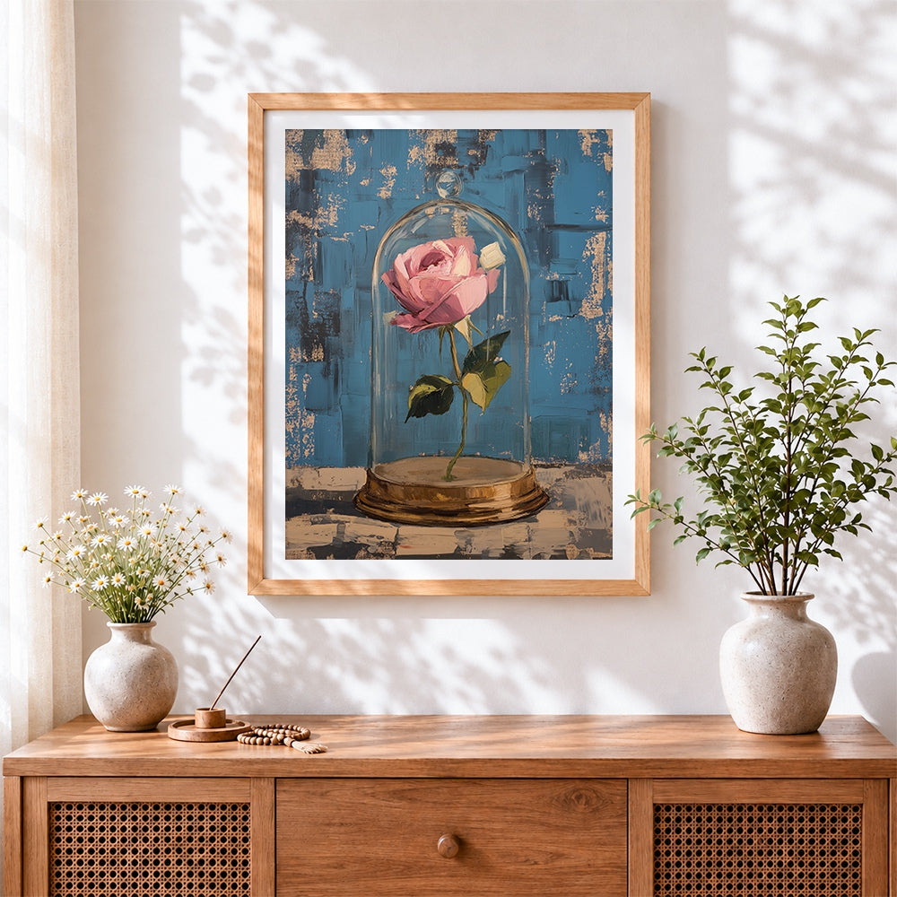 Finished pink rose under a glass dome paint by numbers artwork displayed as home decor