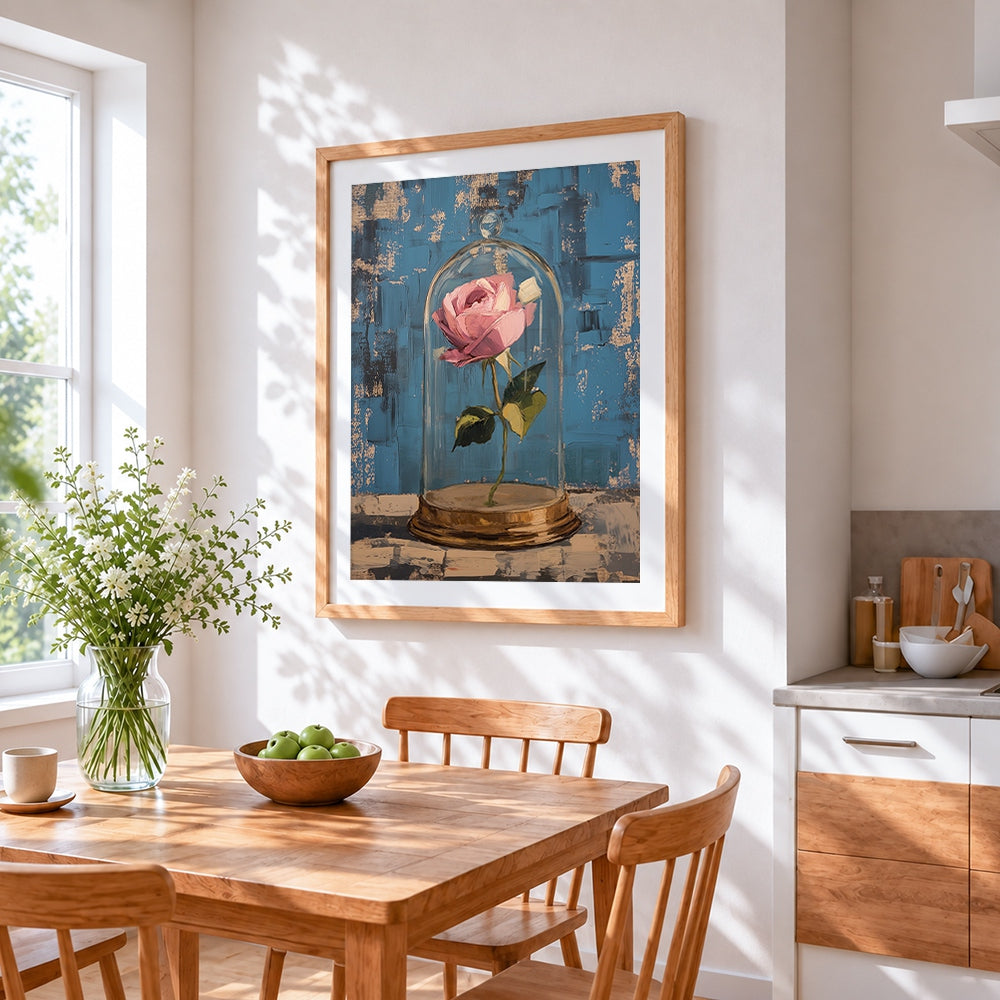 Pink rose under a glass dome paint by numbers artwork displayed on wall as home decor