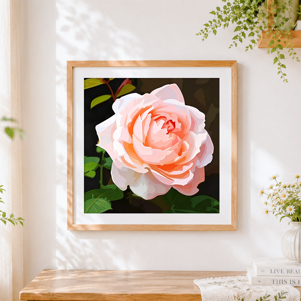 Finished pink rose with green leaves cross stitch artwork displayed