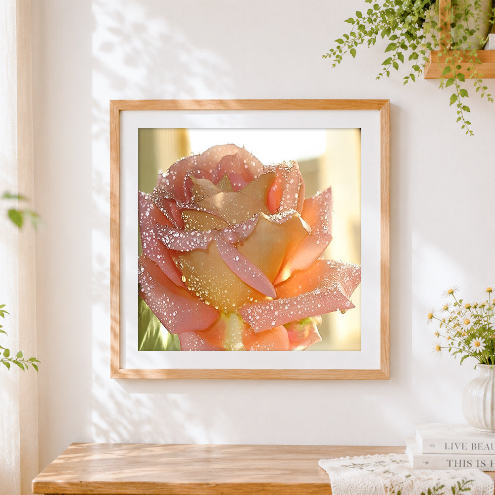 Finished pink rose with morning dew cross stitch artwork displayed