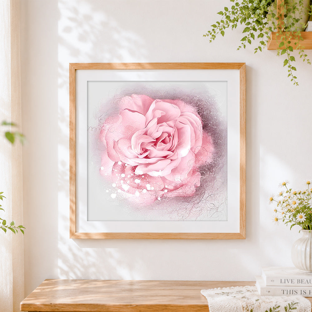 Finished pink rose with soft fluffy texture cross stitch artwork displayed