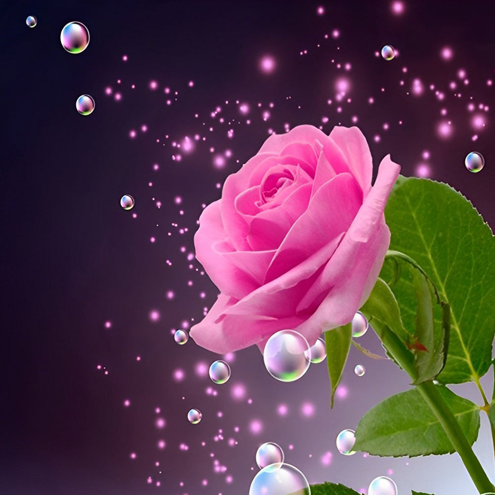 Pink rose with sparkling bubbles cross stitch kit for beginners