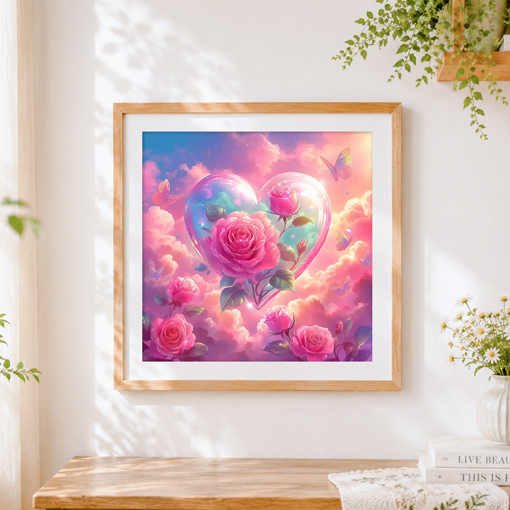 Finished pink roses in a heart cloud cross stitch artwork displayed