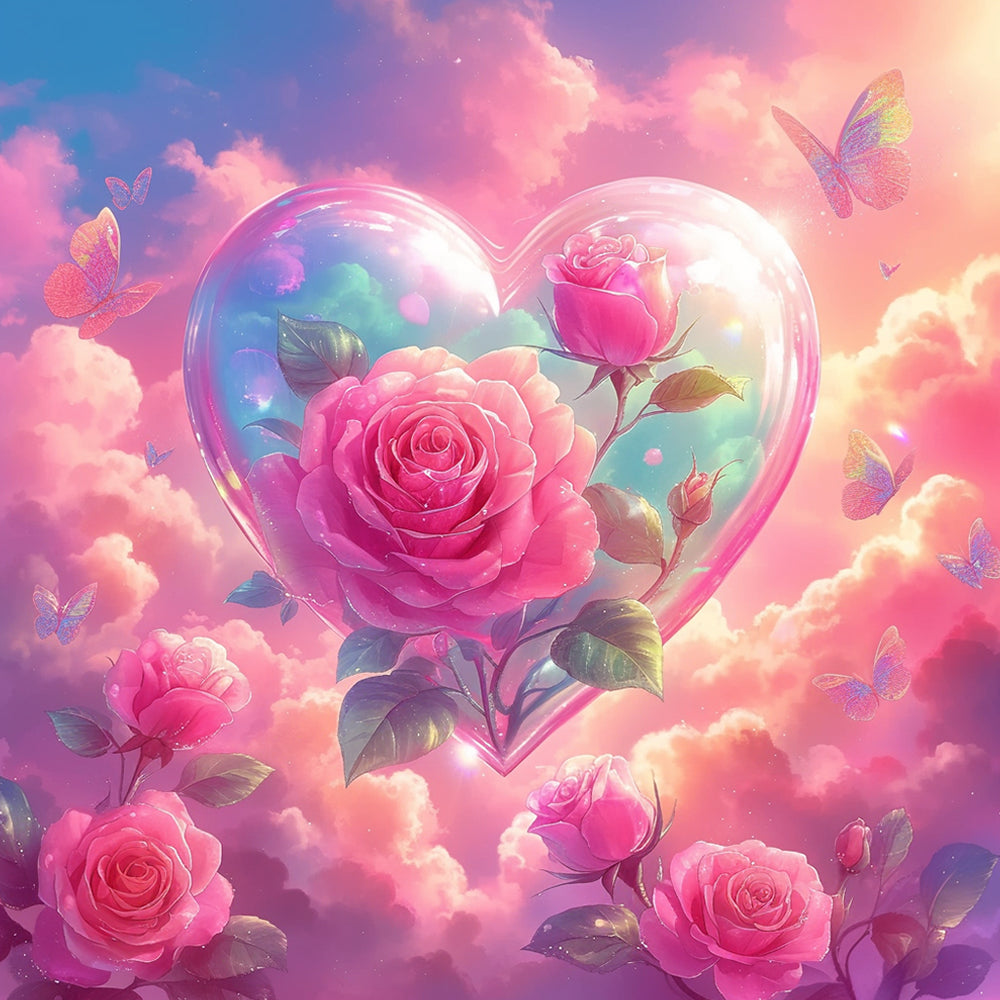 Pink roses in a heart cloud cross stitch kit for beginners