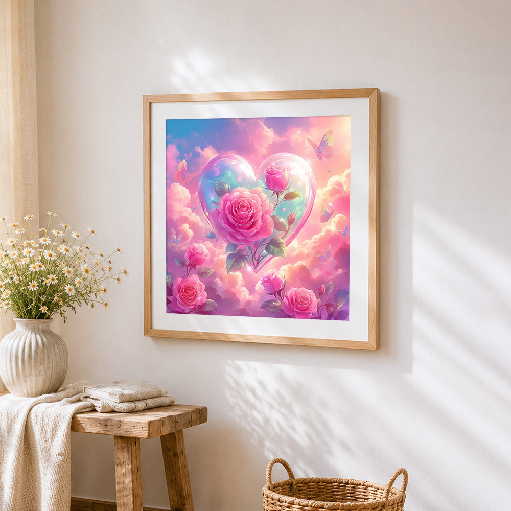 Pink roses in a heart cloud cross stitch artwork displayed on wall as home decor