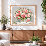 Finished pink roses in a vase paint by numbers artwork displayed as home decor
