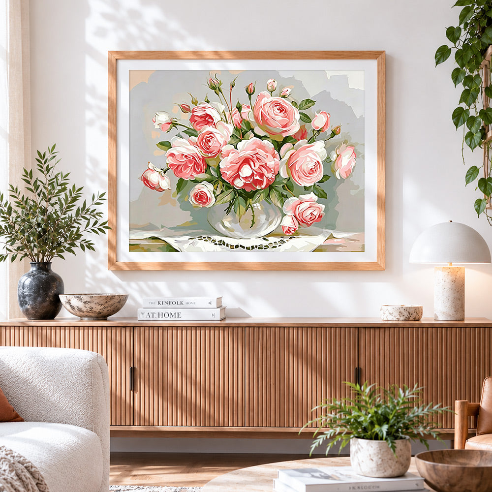 Finished pink roses in a vase paint by numbers artwork displayed as home decor