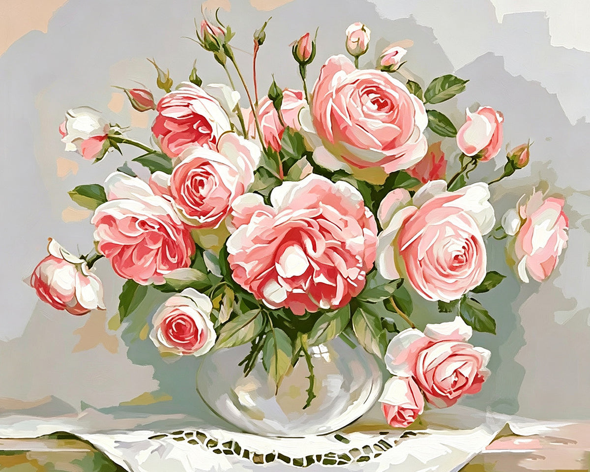 Pink roses in a vase paint by numbers kit for beginners