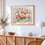 Pink roses in a vase paint by numbers artwork displayed on wall as home decor