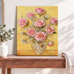 Finished pink roses in vase pearl diamond painting artwork displayed as home decor