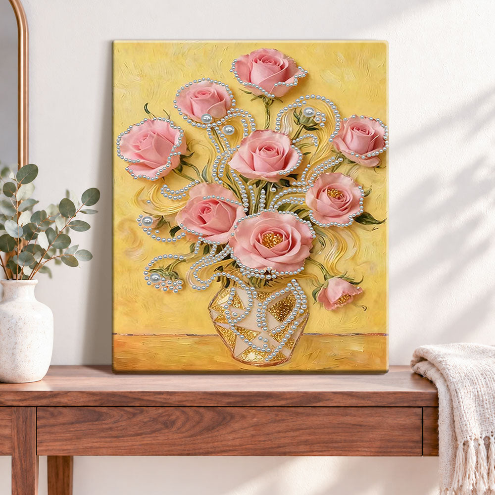 Finished pink roses in vase pearl diamond painting artwork displayed as home decor